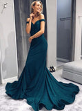 Green Satin Mermaid Off-the-Shoulder Prom Dress with Beading