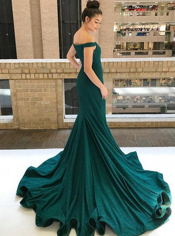 Green Satin Mermaid Off-the-Shoulder Prom Dress with Beading
