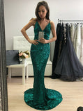 Sheath Spaghetti Straps Long Green Sequin Prom Dress