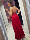 Red Satin Mermaid Spaghetti Straps Prom Dress with Ruffles