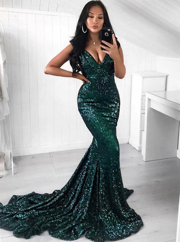 V-Neck Green Sequin Mermaid Long Prom Dress