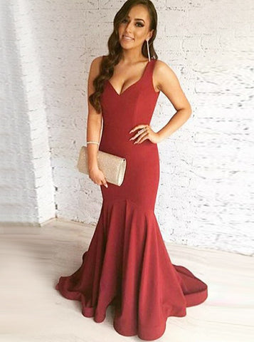 Cheap Mermaid Scoop Long Red Satin Prom Dress
