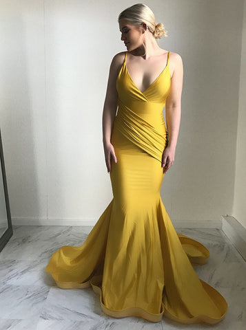 Mermaid Spaghetti Straps Ruched Yellow Satin Prom Dress