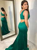 Split Mermaid One Shoulder Open Back Green Satin Prom Dress