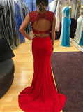 Red Satin Two Piece V-Neck Open Back Prom Dress