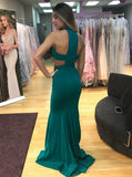 Mermaid Jewel Cut-out  Green Satin Prom Dress