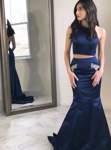 Navy Blue Satin Two Piece Prom Dress with Pockets Beading