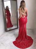 Sheath Jewel Sequins Backless Red Lace Prom Dress