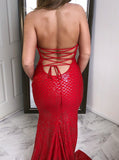 Sheath Jewel Sequins Backless Red Lace Prom Dress