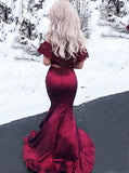 Two Piece Off-the-Shoulder Dark Red Satin Prom Dress