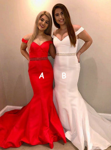 Mermaid Off-the-Shoulder Beading Red Satin Prom Dress