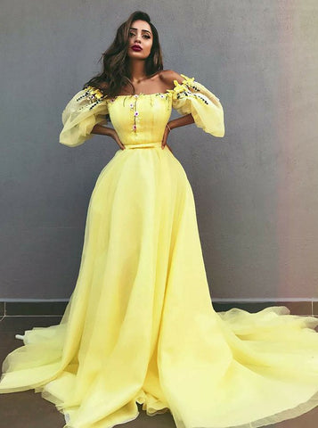 Yellow Tulle A-Line Off-the-Shoulder Prom Dress with Appliques