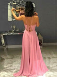 Pink Chiffon Spaghetti Straps Prom Dress with Split