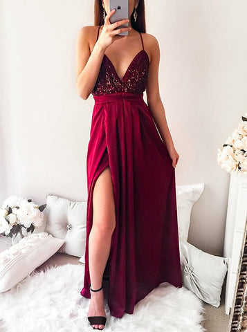 Dark Red Long Prom Spaghetti Straps Pleated Party Dress with Sequins