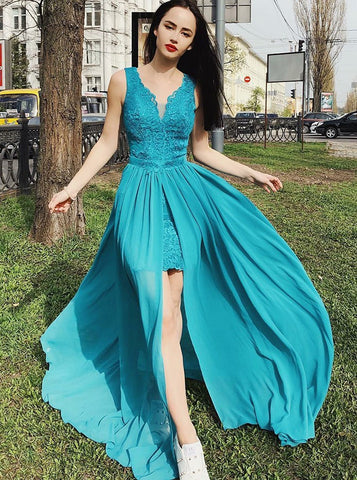 High Low V-Neck Turquoise Chiffon Prom Dress with Lace
