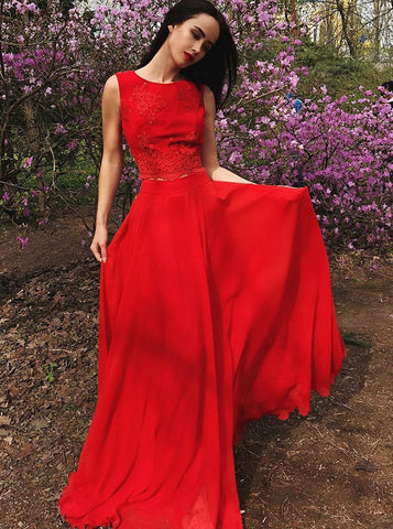 Two Piece Round Appliques Red Chiffon Prom Dress