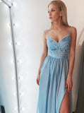 Appliques Chiffon A-Line Spaghetti Straps Blue Prom Party Dress