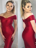 Long Red Satin Mermaid Off-the-Shoulder Prom Party Dress