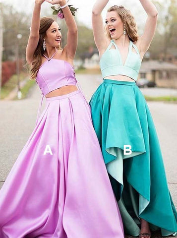  Pink Satin Two Piece Halter Pleated Prom Dress