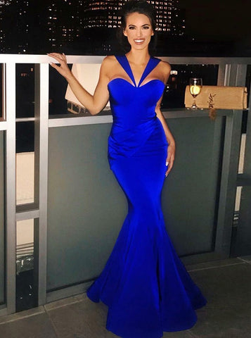 Sexy Mermaid V-Neck Long Royal Blue Satin Prom Dress