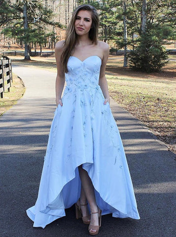 Appliques Sweetheart Light Blue High Low Satin Prom Dress