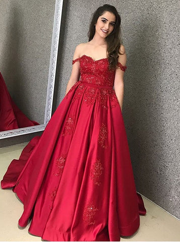 Off-the-Shoulder Appliques Detachable Train Red Satin Prom Dress