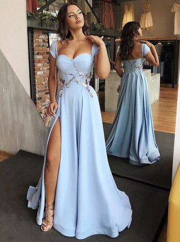 Satin Long Sweetheart Blue Prom Dress with Appliques Split
