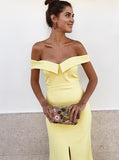 Yellow Satin Sheath Off-the-Shoulder Long Prom Dress with Split