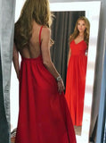 Long Red A-Line V-Neck Backless Satin Prom Dress