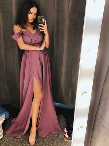 Cold Shoulder Purple Satin Prom Dress with Split