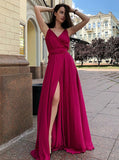  V-Neck Long Sleeveless Red Satin Prom Dress with Split