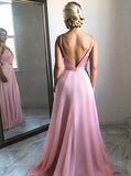 Backless Pink Chiffon Flowing A-Line V-Neck Prom Party Dress
