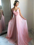 Backless Pink Chiffon Flowing A-Line V-Neck Prom Party Dress