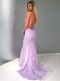Backless Lilac Tulle Mermaid Spaghetti Straps Prom Evening Dress