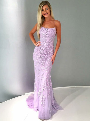 Backless Lilac Tulle Mermaid Spaghetti Straps Prom Evening Dress