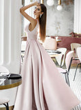 Sexy Sleeveless Pink Satin A-Line V-Neck Prom Dress