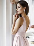 Sexy Sleeveless Pink Satin A-Line V-Neck Prom Dress