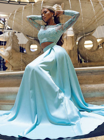 Appliques Ice Blue Prom Two Piece Long Sleeves Evening Dress 