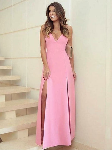 Sexy Pink Satin Sheath V-Neck Prom Dress With Split