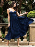 Pleated Navy Blue Satin A-Line Spaghetti Straps Prom Party Dress