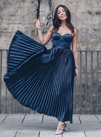 Pleated Navy Blue Satin A-Line Spaghetti Straps Prom Party Dress