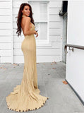 High Split Gold Sheath Halter Backless Prom Party Dress