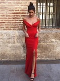 Red Sheath Off-the-Shoulder Prom Evening Dress With Split