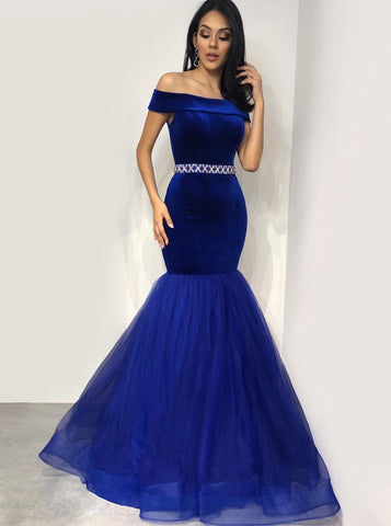 Mermaid Off-the-Shoulder Floor-Length Royal Blue Velvet Prom Dress with Beading