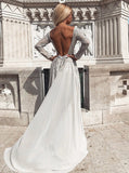 Backless Grey Long Sleeves Prom Evening Dress with Pearls