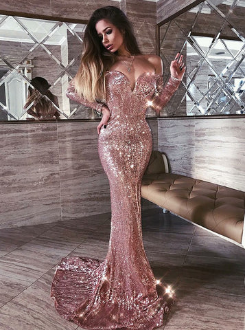 Rose Gold Sequined Long Sleeves Mermaid Off Shoulder Prom Dress