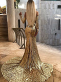  Long Sleeves Gold Prom Mermaid Off Shoulder Prom Dress