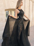 Appliques Mermaid Black Chiffon Detachable Train Prom Dress