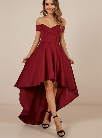 Hi-Low Off Shoulder Burgundy Prom Dress