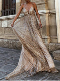 Plunging Sparkle Backless Gold Long Prom Evening Dress